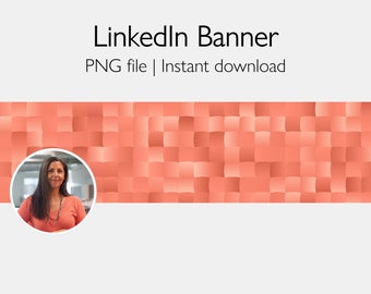 May include: A coral-colored LinkedIn banner with a geometric pattern of squares. A woman with long dark hair is in a circle in the lower left corner of the banner.