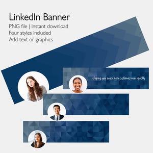 May include: Four different blue and white geometric LinkedIn banner designs with a person's headshot in each. The text "Helping you reach more customers more quickly" is on one of the banners.