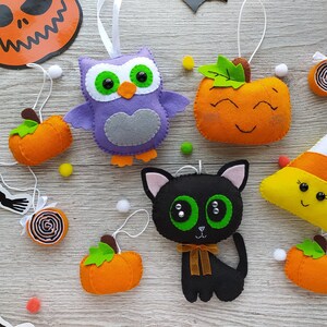 Felt Halloween Ornament Set: Handmade Owl, Cat, Pumpkin Decor (9pcs)