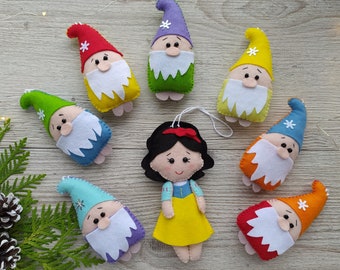 Snow White and Seven Dwarfs Felt Christmas Ornaments Set