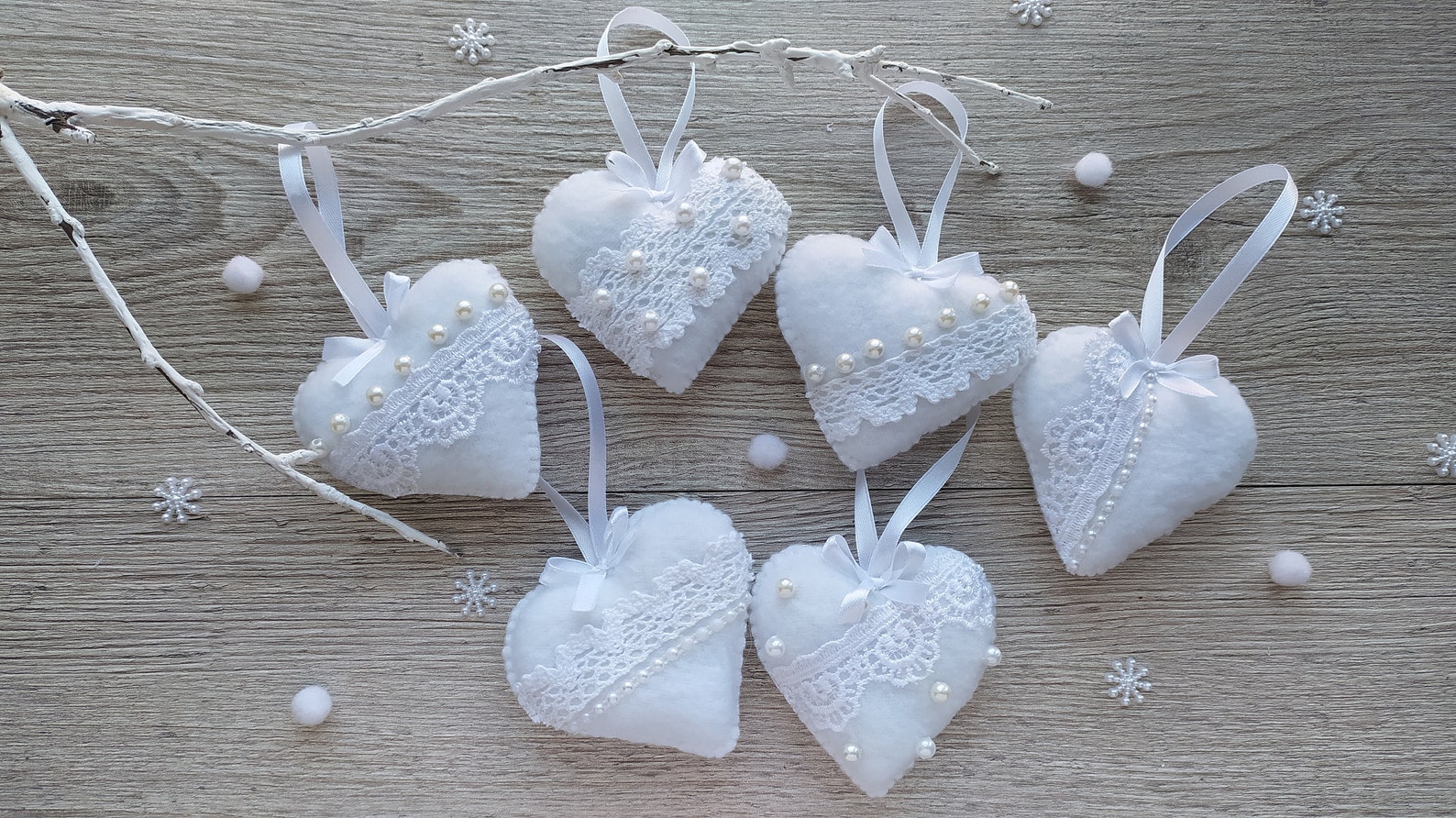 Heart ornament set Christmas Heart Ornaments textiles white Etsy