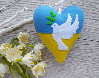 Dove of Peace ornament. Ukraine flag. Felt Heart Ornament. Felt White dove. Ukraine shop. Hope ornament