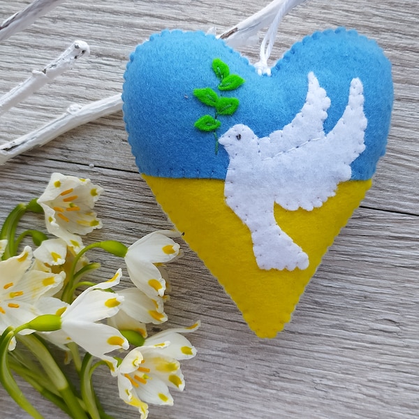 Dove of Peace ornament. Ukraine flag. Felt Heart Ornament. Felt White dove. Ukraine shop. Hope ornament