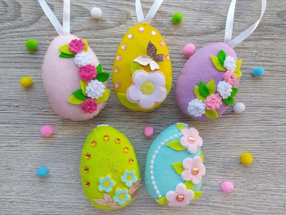 12 Uova Di Pasqua In Feltro Di Lana – Decorazioni Da Appendere, 6x4,5cm, Motivi Floreali E Coniglietti