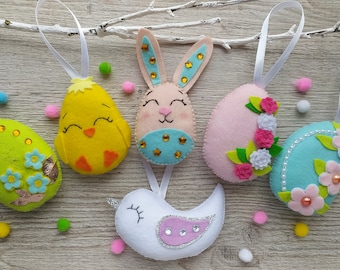 Felt Easter decoration, Set of 6 Felt Easter ornaments, Felt Easter bird, Felt eggs ornaments