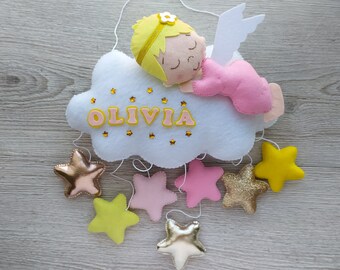 Personalised angel nursery decor, cloud Wall Hanging, baby girl room decor, Personalised Baby Decoration, baby shower personalisation gift