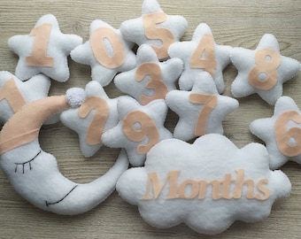 Baby Monthly Milestone Photo Prop, Fleece Gender Neutral cloud, stars and moon