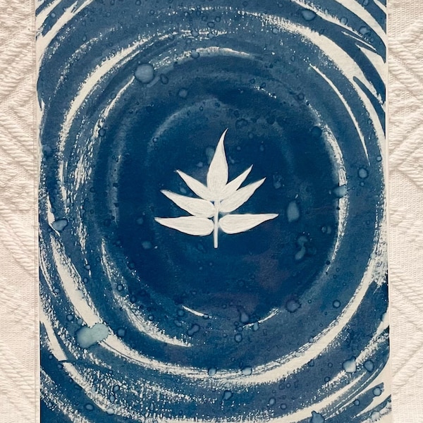 Leaf Ripples-Original Embellished Cyanotype Artwork | Botanical Cyanotype | Cyanotype Sunprint | Watercolor Art | 6” x 9”