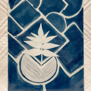 Potted Plant-Original Embellished Cyanotype Artwork | Cyanotype Sunprint | Watercolor Art | Fine Art by Cory Rocio Carrasco