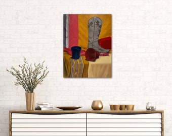 Pintura al óleo de naturaleza muerta del oeste / Obra de arte del oeste / Pintura con botas de vaquera / Obra de arte original / Bellas artes de Cory Rocio Carrasco