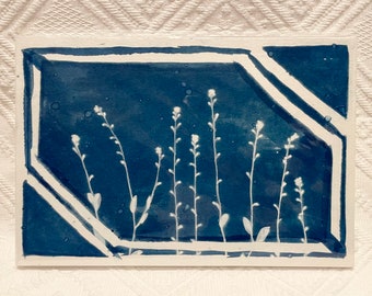 Tiny Wildflowers-Original Embellished Cyanotype Artwork | Botanical Cyanotype | Cyanotype Sunprint | Watercolor Art | 9” x 6”