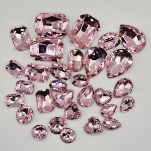 30 Pcs Pink Mixed Shapes and Sizes Glass Point Back Gems Jewels Rhinestones Hearts Teardrop Rectangle Oval Round 10x14mm 13x18mm 18x25mm