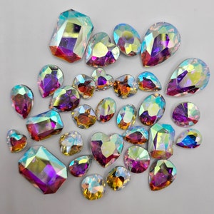 30 Pcs AB Crystal Mixed Shapes and Sizes Glass Point Back Gems Jewels Rhinestones Hearts Teardrop Rectangle Oval  10x14mm 13x18mm 18x25mm