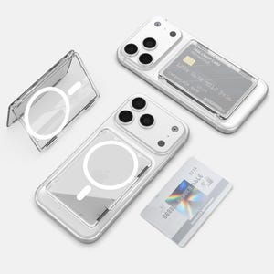 May include: Clear phone cases with a white magnetic circle and a credit card slot. One case is open, displaying a credit card with the text "FREE CREDIT CARD PSD MOCKUP" and numbers. An American Express card is also visible.