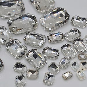 Prostokątne, spiczaste, z tyłu, kamienie szlachetne, kryształki, przezroczyste, 6 x 8 mm, 8 x 10 mm, 10 x 14 mm, 13 x 18 mm, 18 x 25 mm