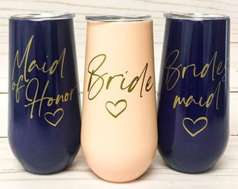 Bridesmaid Proposal Gift, 6oz Champagne Tumbler, Personalized Stainless Steel, Stemless Champagne Glass, Custom Wine Cup, Bachelorette Party