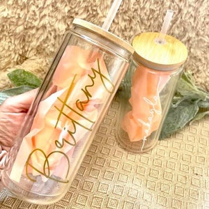 Personalized Iced Coffee Cup, Customized Glass Jar, Bridesmaid Gift, Frosted Glass Tumbler, 16oz Cup w straw, Bachelorette Gift Glass Cup