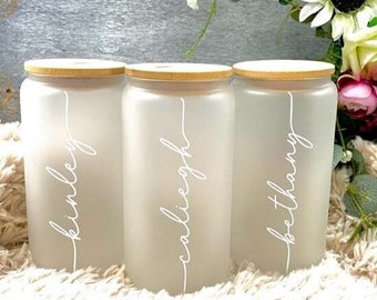 Customized Glass Tumbler, Bridesmaid Gift, Frosted Glass Tumbler, Iced Coffee Tumbler, 16oz Cup w straw, Bachelorette Party Gift Glass Cup