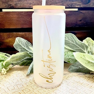 Personalized Iced Coffee Cup, Customized Glass Jar, Bridesmaid Gift, Frosted Glass Tumbler, 16oz Cup w straw, Bachelorette Gift Glass Cup