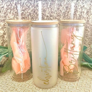 Personalized Iced Coffee Cup, Customized Glass Jar, Bridesmaid Gift, Frosted Glass Tumbler, 16oz Cup w straw, Bachelorette Gift Glass Cup