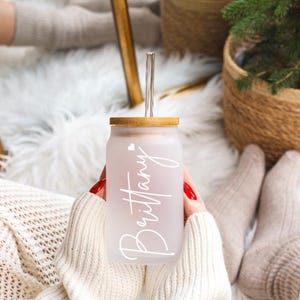 Personalized Iced Coffee Cup, Bamboo Lid, Customized Glass Jar, Bridesmaid Gift, Frosted Glass Tumbler, 16oz Glass w straw, Bachelorette