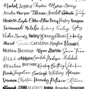 May include: A black and white font chart with a list of names in cursive script. The chart is titled "Font Chart (1 of 2 charts)".