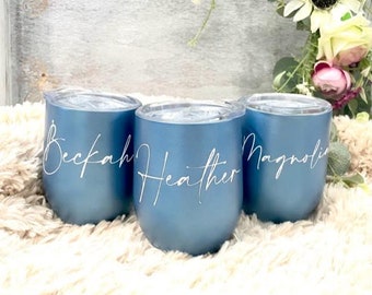 Glitter Dusty Blue Wine Tumbler With Straw Personalized Tumbler Bridesmaid  Gift Bachelorette Party Cup Birthday Gift Tumbler Slate Blue Cup 