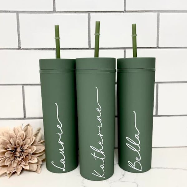 Bridesmaid Tumbler | Girl's Trip Tumbler | Sage Green 16oz Acrylic Cup Straw | Bridesmaid Gift | Wedding | Proposal | Personalized Name Cup
