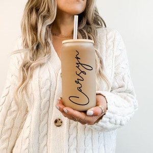 Personalized Iced Coffee Cup, Customized Glass Jar, Bridesmaid Gift, Frosted Glass Tumbler, 16oz Cup w straw, Bachelorette Gift Glass Cup