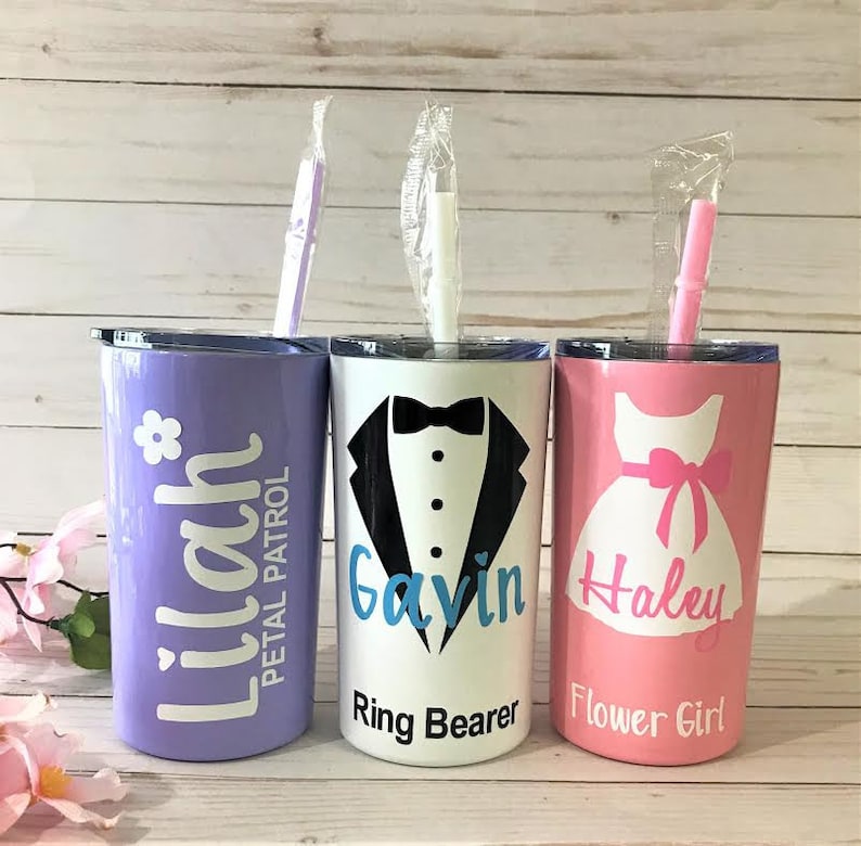 Flower Girl Gift, Personalized Tumbler, Ring Bearer Bridesmaid Gift, 12oz Stainless Steel Tumbler w/straw, Bridesmaid Proposal, Wedding Cup 