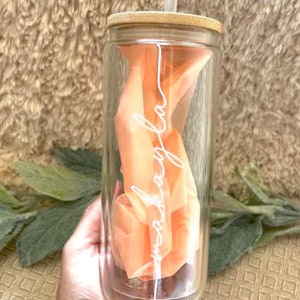 Personalized Iced Coffee Cup, Customized Glass Jar, Bridesmaid Gift, Frosted Glass Tumbler, 16oz Cup w straw, Bachelorette Gift Glass Cup