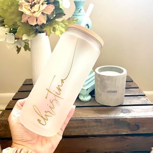 Personalized Iced Coffee Cup, Customized Glass Jar, Bridesmaid Gift, Frosted Glass Tumbler, 16oz Cup w straw, Bachelorette Gift Glass Cup