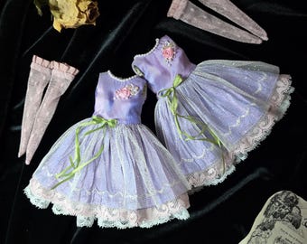 Lavender Relic – Silk Blythe Dress with Lace and Stockings - Silk Blythe Clothes - Handmade Doll Clothes