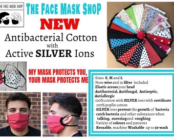 Mascarilla facial antibacteriana hecha a mano con iones de plata activos de algodón, lavable y reutilizable, elástica alrededor de la cabeza, alambre de nariz, hecho en el Reino Unido