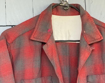 Vintage 50s Arrow Chevella Shadow Plaid Loop Collar Cotton Rayon Flannel Shirt L Large Mended
