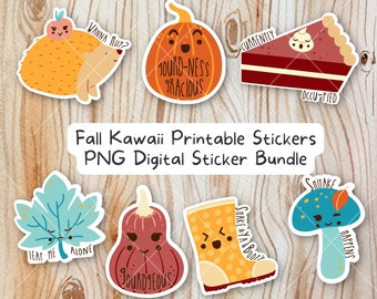 Fall Kawaii Stickers, Print and Cut PNG, Printable Fall Stickers, Fall Packaging Stickers, Fall Kawaii Stickers, Fall Print and Cut
