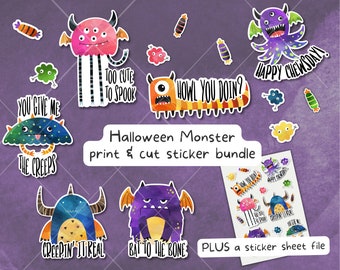 Halloween Printable Stickers |  Cute Monsters PNG| Halloween Print and Cut PNG | Halloween digital stickers png | Printable Sticker Sheet