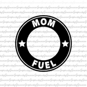 May include: A black and white circular graphic with the words "MOM FUEL" in bold white letters. Two white stars flank the text. The design is simple and bold, suitable for various applications.