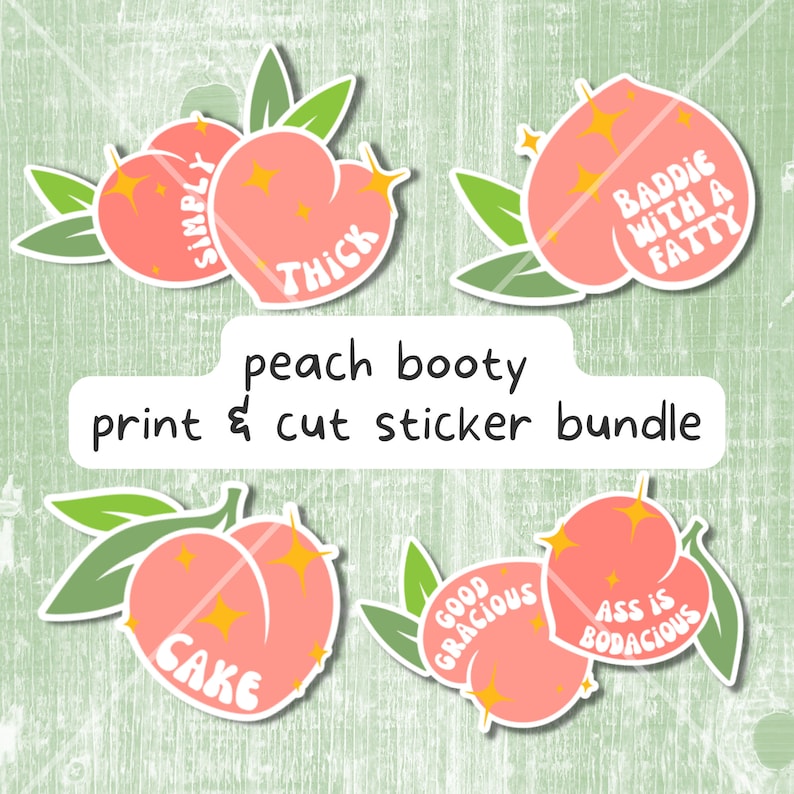 Op de afbeelding: Een set van vier stickers in de vorm van een perzik met verschillende zinnen. De stickers zijn roze met gele sterren en groene bladeren. De zinnen zijn "Simply Thick", "Baddie With A Fatty", "Cake" en "Good Gracious Ass Is Bodacious".