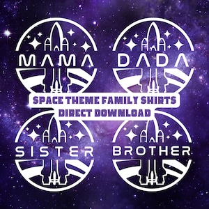 May include: Four white circles with a rocket ship design and text inside. The circles read "MAMA", "DADA", "SISTER", and "BROTHER". The background is a purple galaxy.