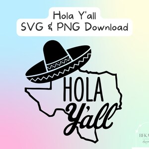 Puede incluir: Dise&ntilde;o en blanco y negro de un sombrero sobre el contorno del estado de Texas con el texto "Hola Y'all" en una fuente estilizada.