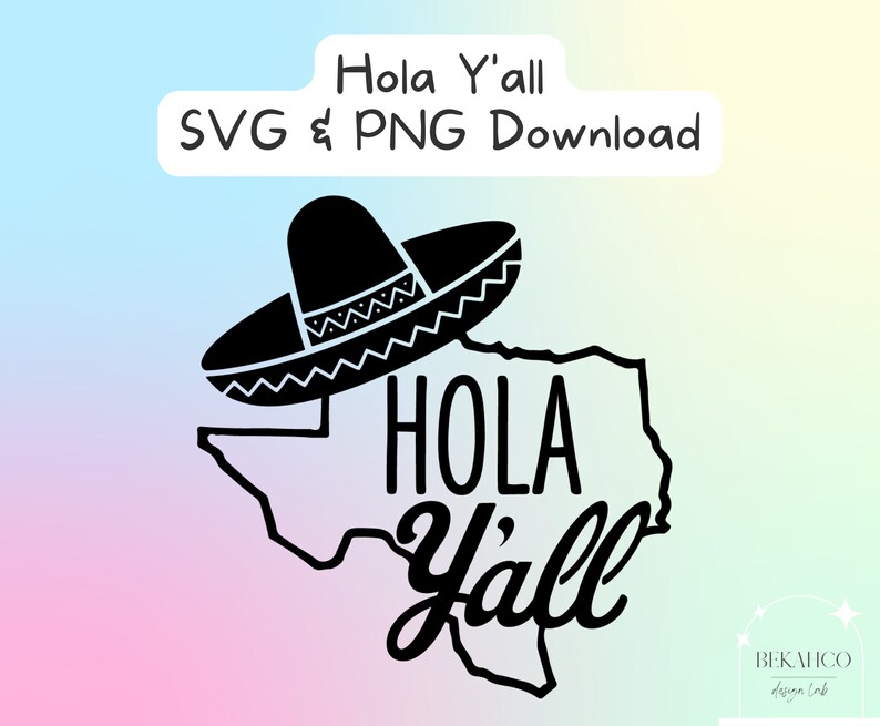 Puede incluir: Dise&ntilde;o en blanco y negro de un sombrero sobre el contorno del estado de Texas con el texto "Hola Y'all" en una fuente estilizada.