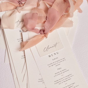 Menu with first name card in cotton paper / customizable menu with choice of ribbon / Boho menu with place mark and ribbons