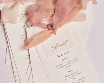 Menu avec carte prenom en papier coton / menu personnalisable avec choix du ruban / Menu bohème avec marque place et rubans