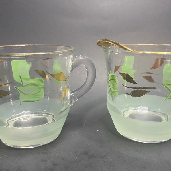Vintage Bartlett Collins Hand Painted Green Tulip and Gold Creamer and Sugar Set