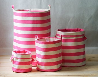 Hot Pink stripe storage bins, 12oz double sided cotton canvas bin storage, multi functional storage, fabric bins for home office, home spa