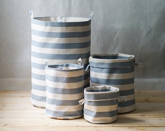 Gray stripe storage bins, cotton canvas bin storage, baskets, cottagecore decor, declutter, hamper, natural storage, storage drum, home bins