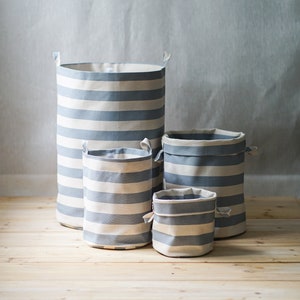 Gray stripe storage bins, cotton canvas bin storage, baskets, cottagecore decor, declutter, hamper, natural storage, storage drum, home bins image 1