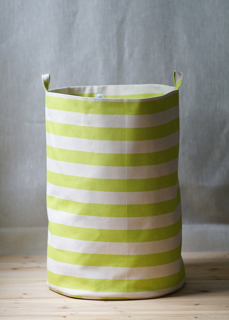 Lime green stripe storage bins, cotton canvas bin storage, hampers and bins, natural storage, storage baskets, cottage core decor, decor image 9