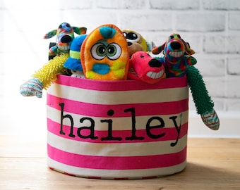Personalized dog toy bin, canvas dog toy bin, hot pink stripe storage bin, kids toy bin, pink stripe storage bin, organized home storage